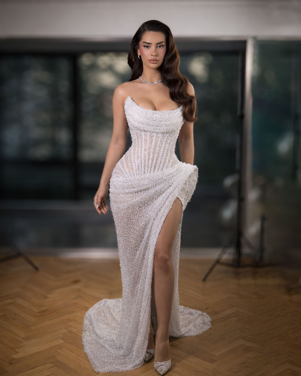 Luxury White Pearl Corset Dress – Crystal High Slit Evening Gown – Reinee  Couture