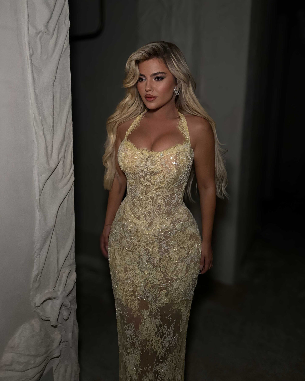 Butter Yellow Halter Lace Corset Evening Gown with Beaded Embellishment