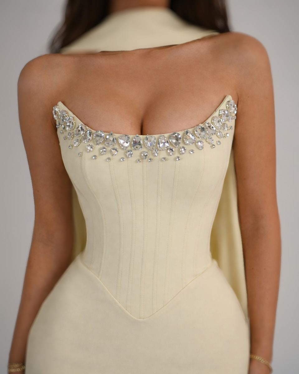 Ivory Crystal Corset Column Gown with Scarf Detail