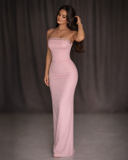Blush Pink Strapless Crystal Trim Column Gown