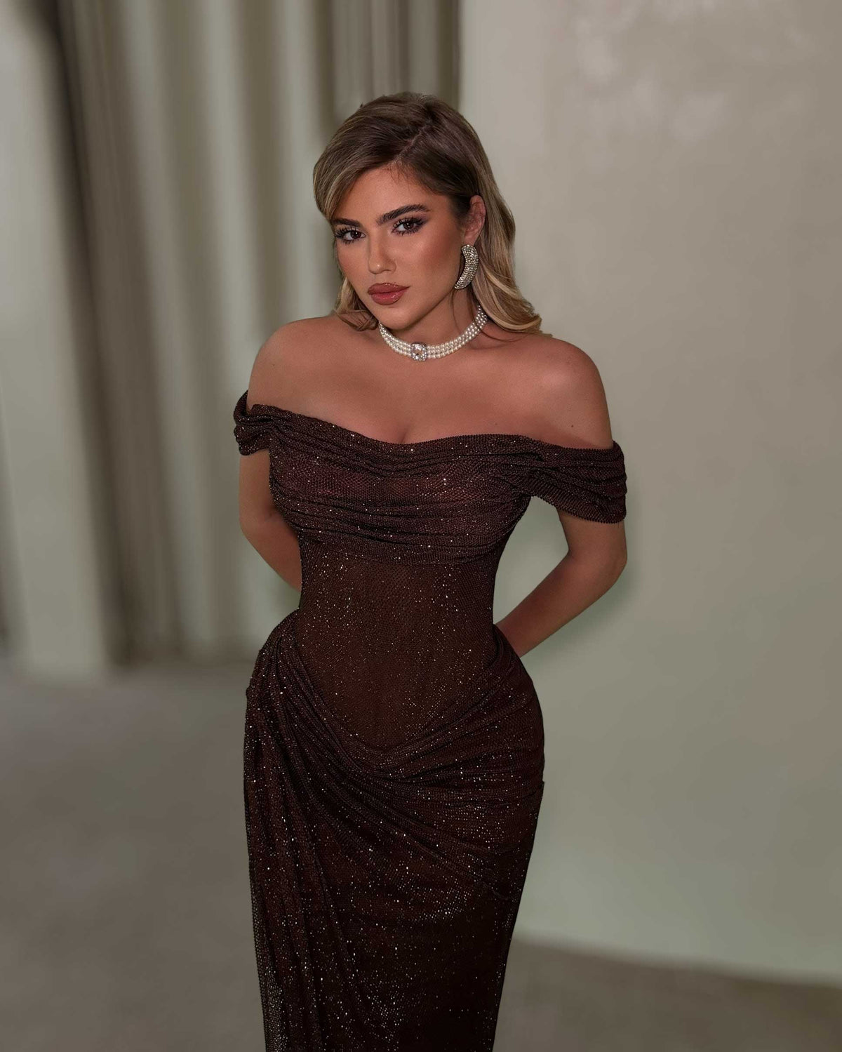 Chocolate Brown Off-Shoulder Glitter Corset Gown