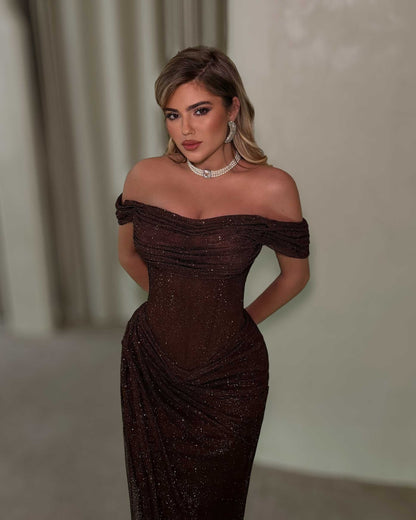 Chocolate Brown Off-Shoulder Glitter Corset Gown