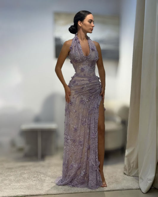 Lilac 3D Floral Draped Halter Gown With High Slit