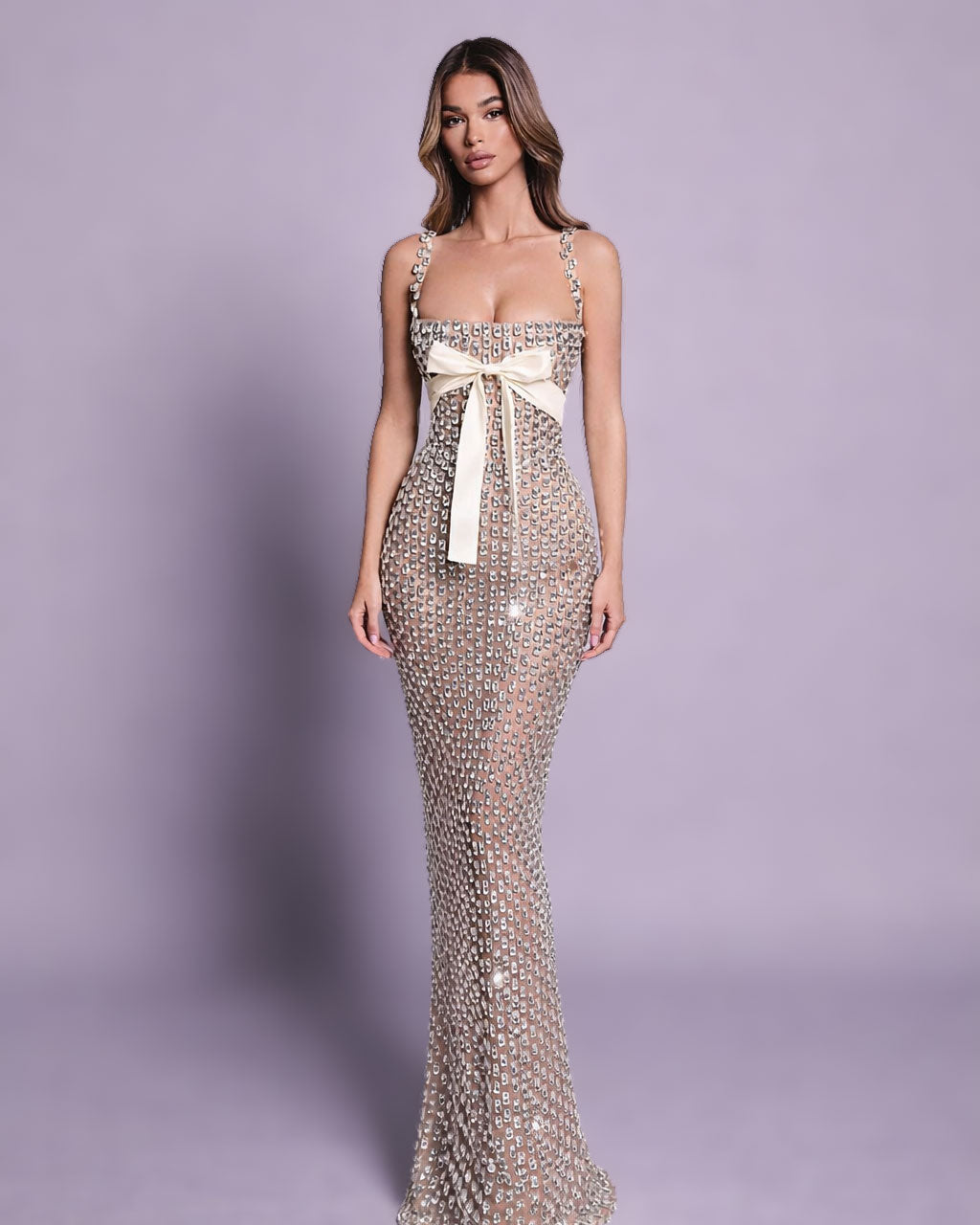 Nude Crystal Bow Embellished Corset Gown