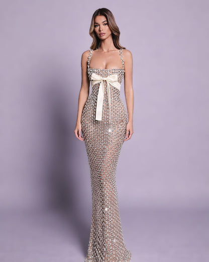 Nude Crystal Bow Embellished Corset Gown