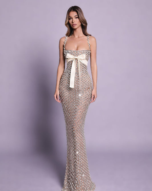 Nude Crystal Bow Embellished Corset Gown