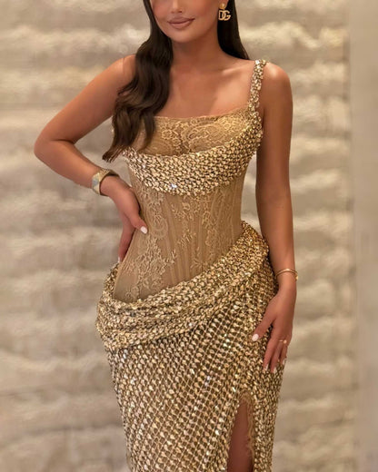 Gold Crystal Embellished Lace Corset Gown