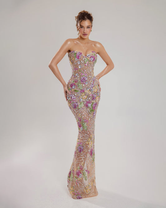 Nude Floral Embellished Strapless Mermaid Gown