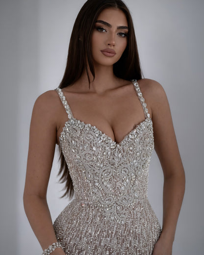 Nude Crystal Corset Mermaid Gown with Beaded Straps