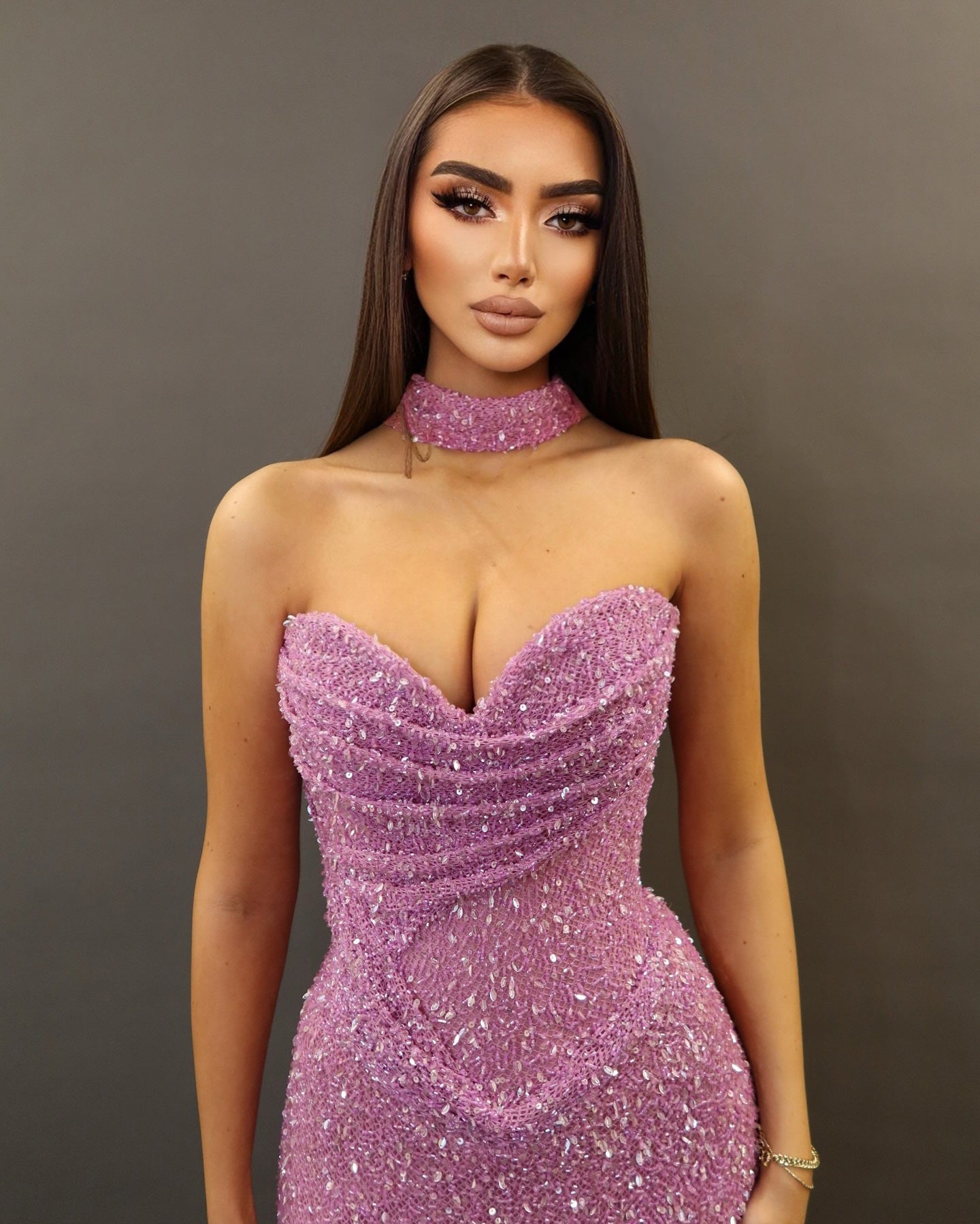 Lilac Crystal Corset Column Gown with Choker Neckline