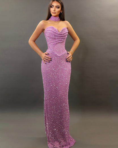 Icy Blue Crystal Corset Column Gown with Choker Neckline