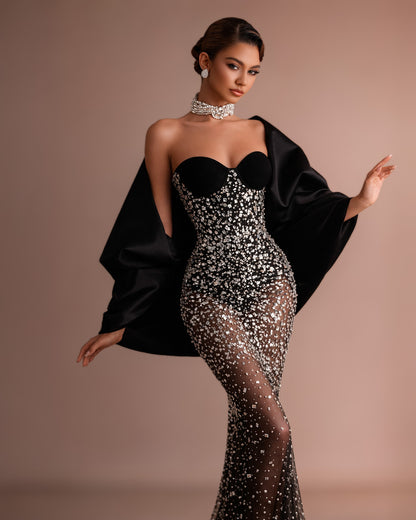 Black Crystal Corset Gown with Sheer Embellished Skirt