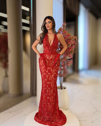 Red crystal lace halter corset evening gown with sculpted hip detail, full-length view