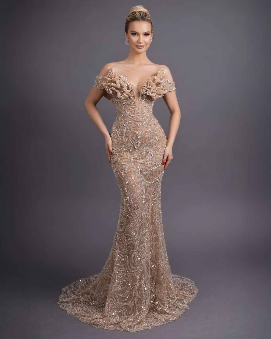 Champagne Crystal Corset Dress with Floral Appliqué