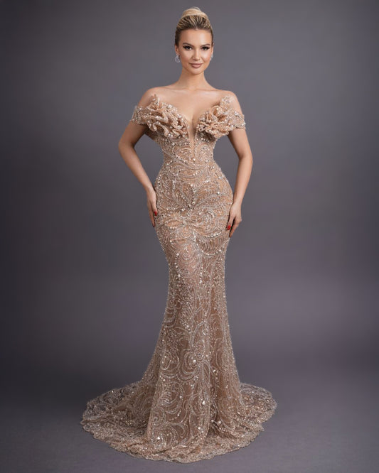 Champagne Crystal Corset Dress with Floral Appliqué