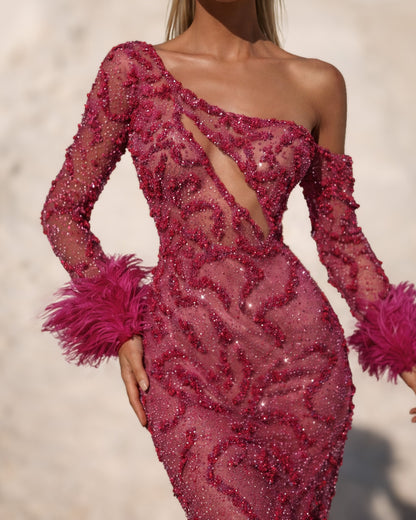 Fuchsia Crystal One-Shoulder Gown with Feather Cuffs