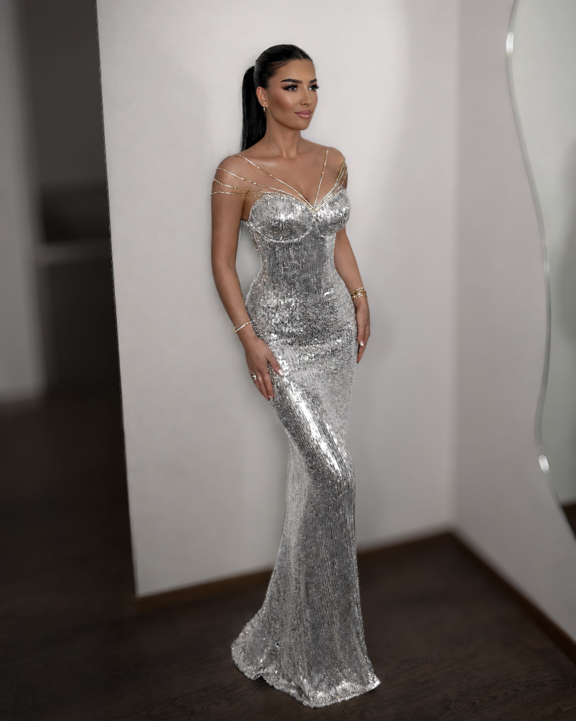 Silver Crystal Corset Mermaid Gown with Beaded Straps