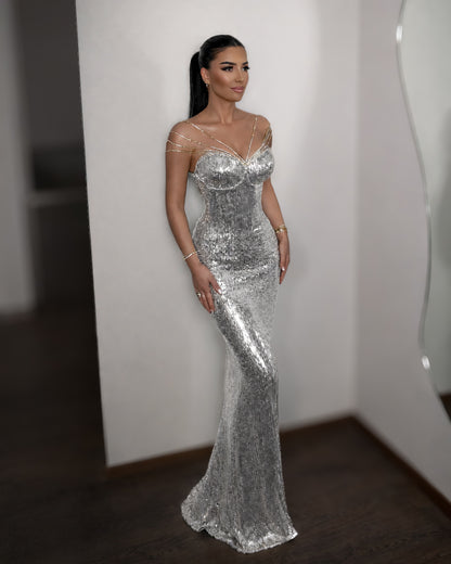 Silver Crystal Corset Mermaid Gown with Beaded Straps