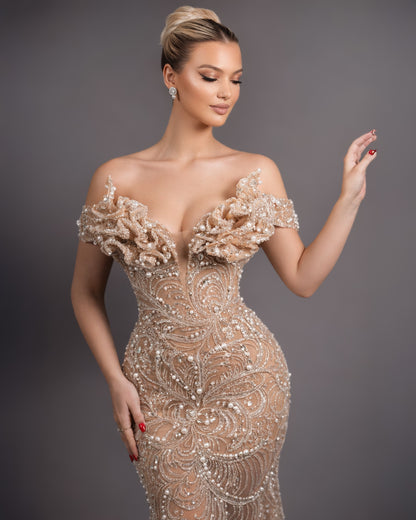 Champagne Crystal Corset Dress with Floral Appliqué