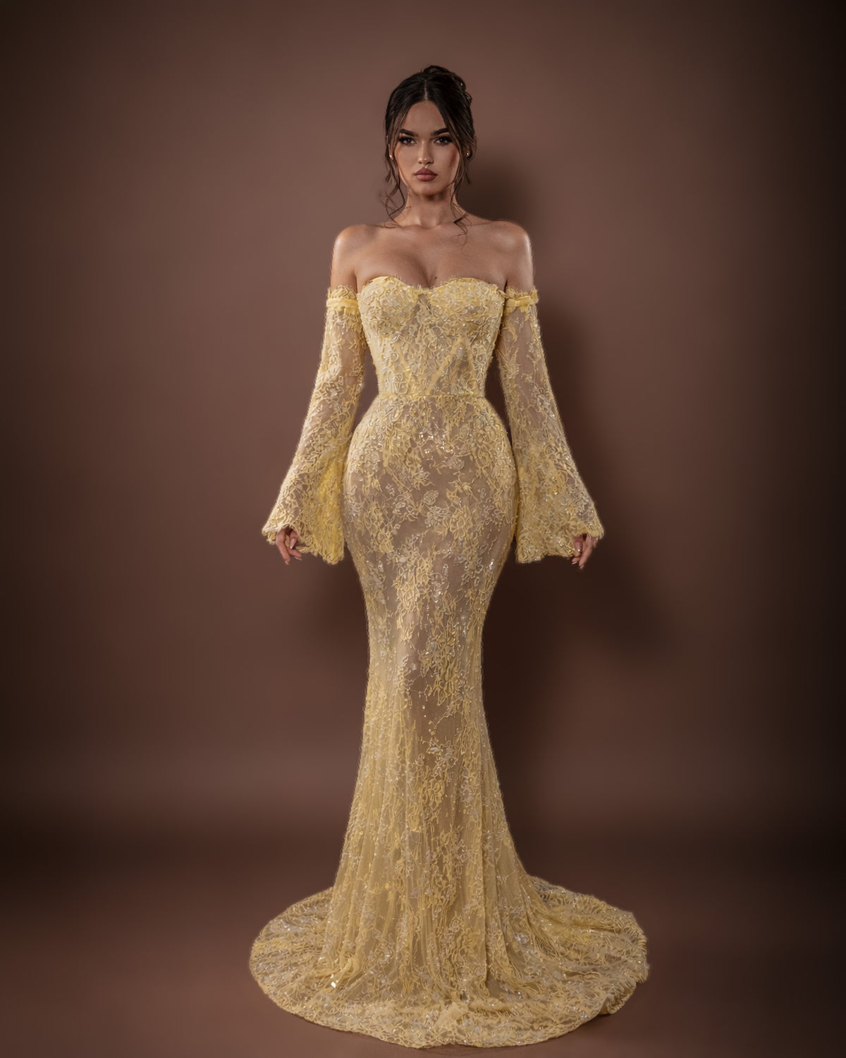 Heloise Yellow Butter Yellow Off-Shoulder Lace Gown | Reinee Couture