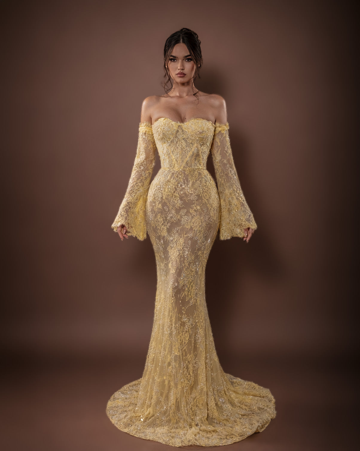 Butter Yellow Off-Shoulder Lace Mermaid Gown