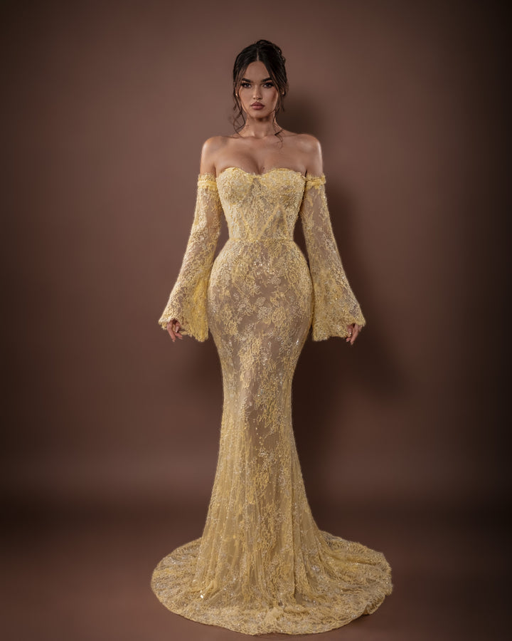 Butter yellow couture off-shoulder lace mermaid evening gown