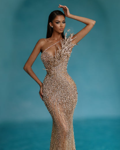 Champagne Gold One-Shoulder Crystal Corset Gown with Sculptural Detailing