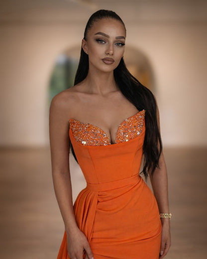 Orange Crystal Corset Gown with High Slit