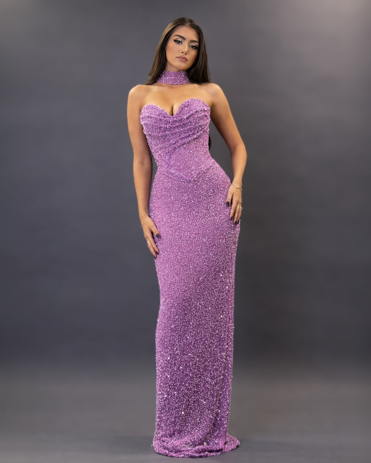 Lilac Crystal Corset Column Gown with Choker Neckline