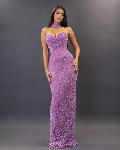Lilac Crystal Corset Column Gown with Choker Neckline