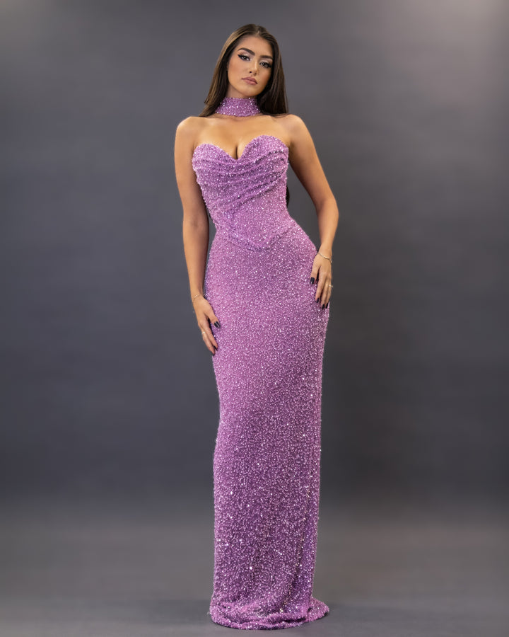Lilac crystal corset column gown with choker neckline
