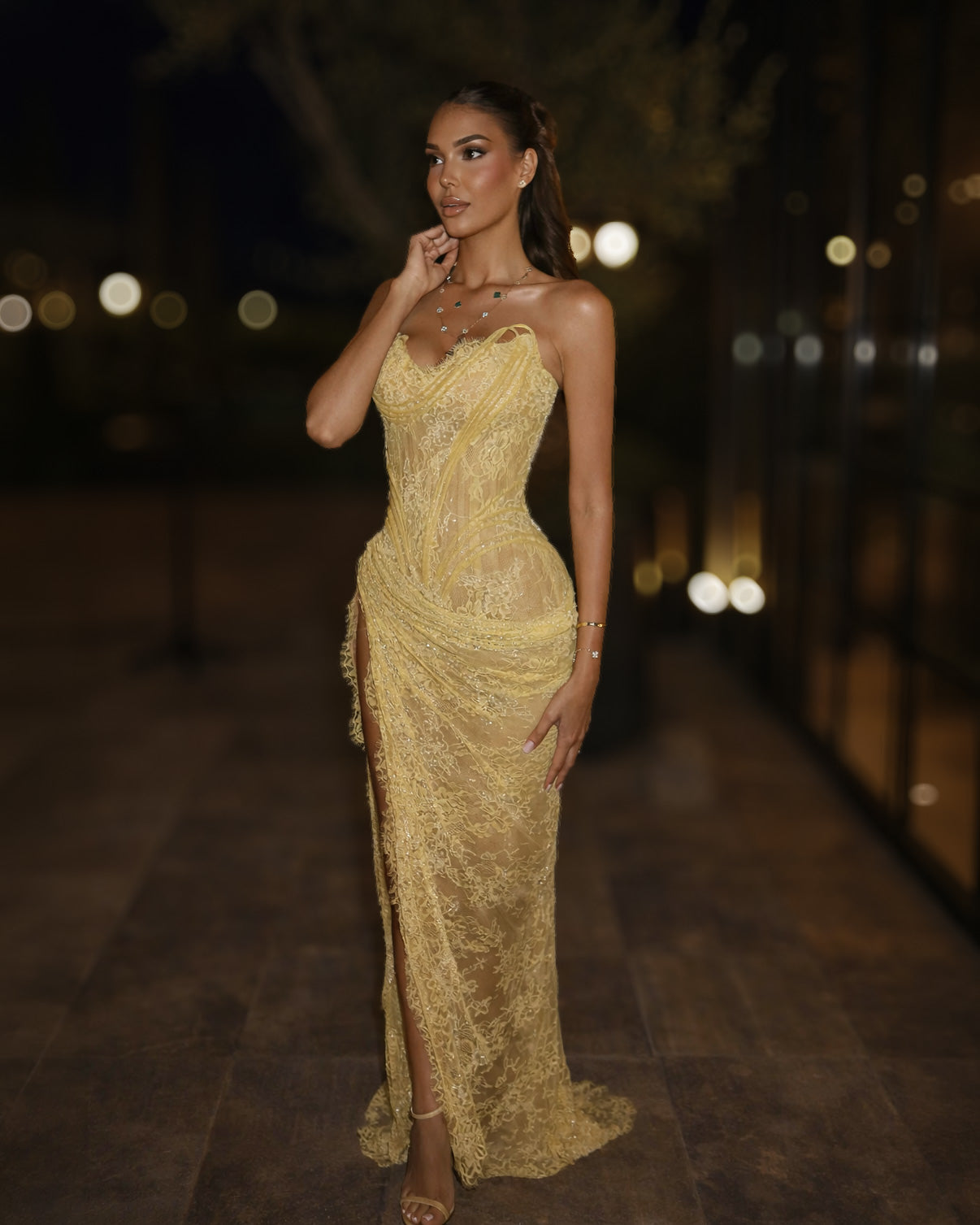 Butter Yellow Lace Corset Gown with Slit