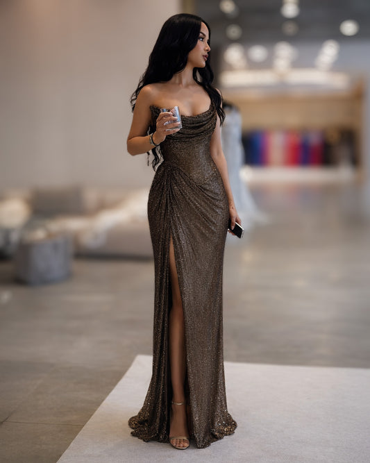 Bronze Glitter Draped Corset Evening Gown with High Slit