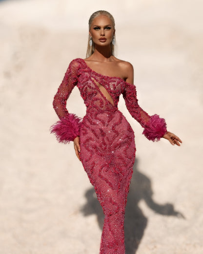 Fuchsia Crystal One-Shoulder Gown with Feather Cuffs