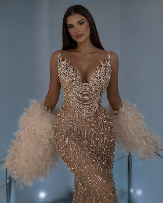 Champagne Crystal Corset Gown with Feather Cape