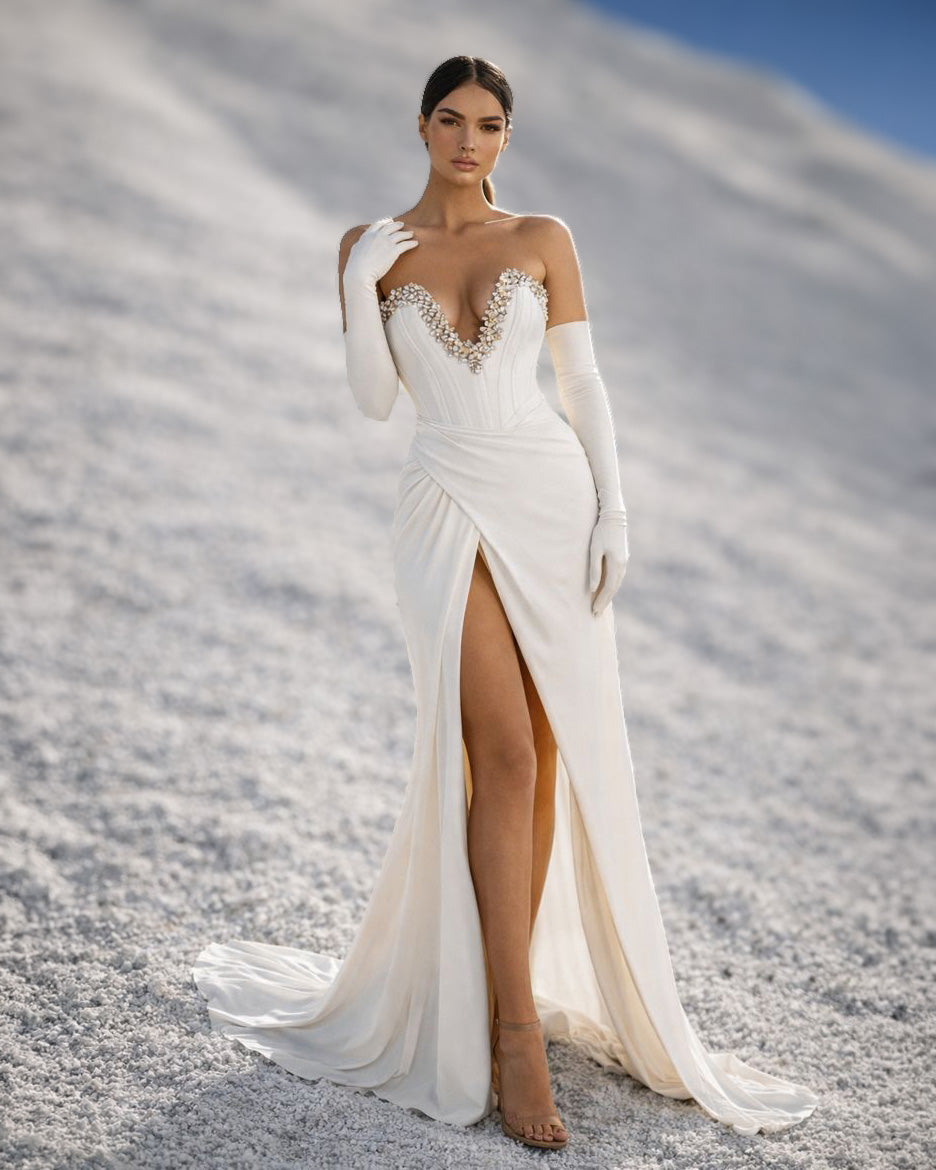 Ivory Crystal Corset Gown with Draped Skirt, Gloves and High Slit