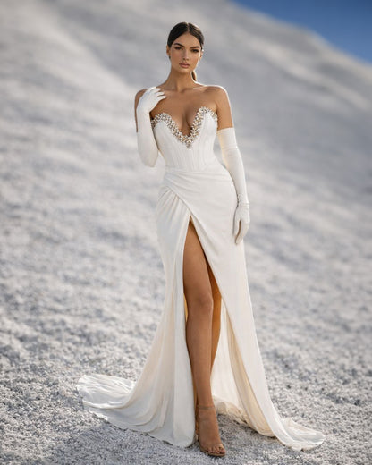 Ivory Crystal Corset Gown with Draped Skirt, Gloves and High Slit