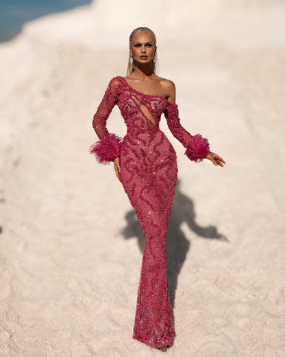 Fuchsia Crystal One-Shoulder Gown with Feather Cuffs