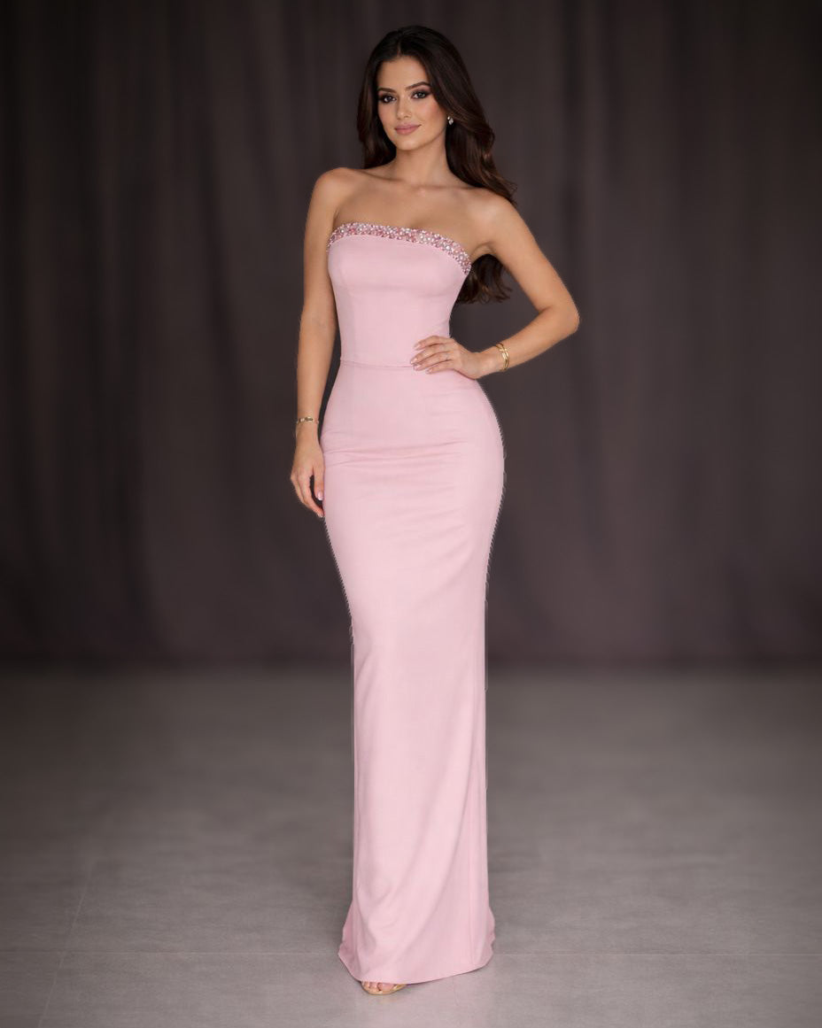 Blush Pink Strapless Crystal Trim Column Gown