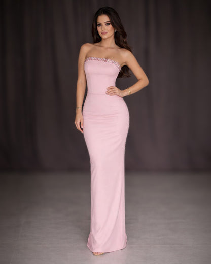 Blush Pink Strapless Crystal Trim Column Gown