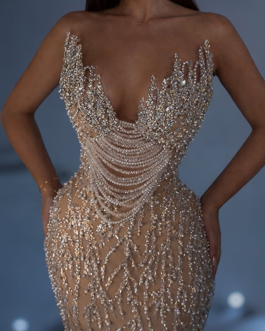Champagne Crystal Corset Column Gown
