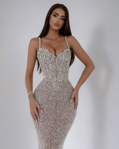Nude Crystal Corset Mermaid Gown with Beaded Straps