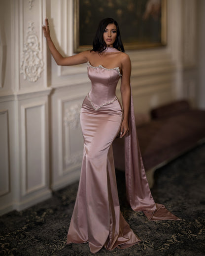 Rose Blush Satin Corset Gown with Crystal Trim