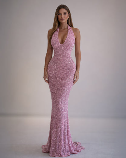 Pink Crystal Halter Corset Dress with Deep V Neck