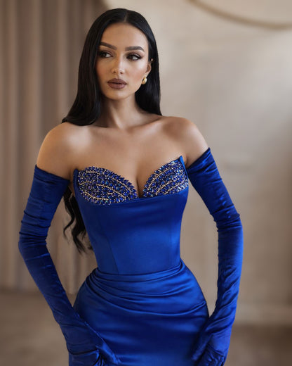 Royal Blue Crystal Corset Gown with Off-Shoulder Gloves