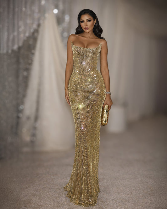Gold Crystal Strapless Column Dress