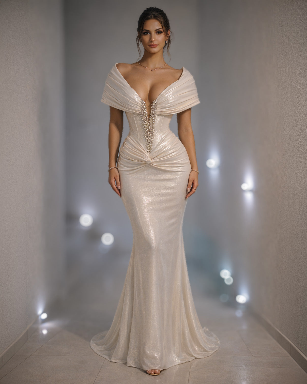 Ivory Draped Corset Evening Gown with Crystal Center Detail