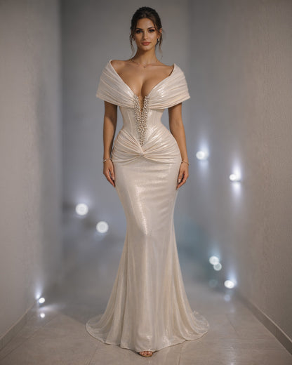 Ivory Draped Corset Evening Gown with Crystal Center Detail
