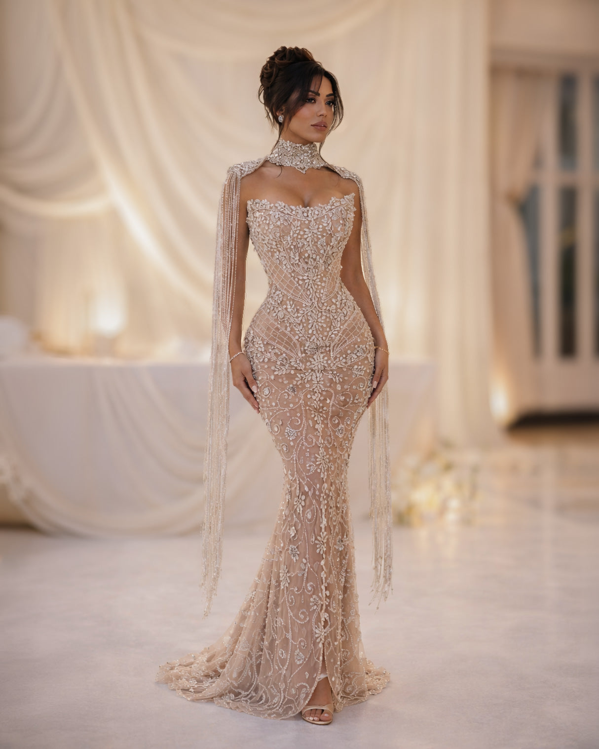 Champagne Lace Illusion Corset Gown with Beaded Choker Cape