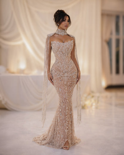 Champagne Lace Illusion Corset Gown with Beaded Choker Cape
